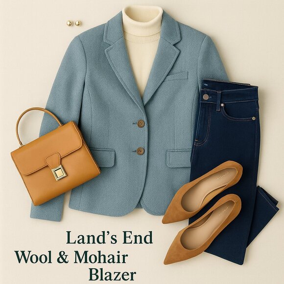 Land’s End Wool Mohair Blend Blue Herringbone Tweed Blazer Jacket Size 18 Lined - Picture 1 of 13